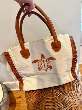 ASHA Ashley McCormick Canvas Tote Leather Fringe Monogram Beach Bag